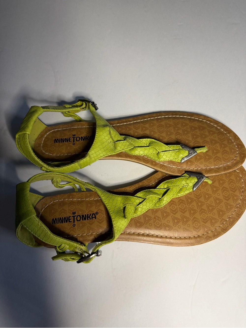 Minnetonka Lime Green Braided T-Strap Women's Sandals